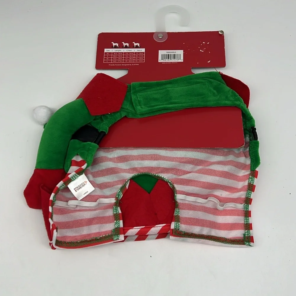Friends Forever Dog Apparel Elf Christmas Costume with Hat Hook and Loop size‎ L
